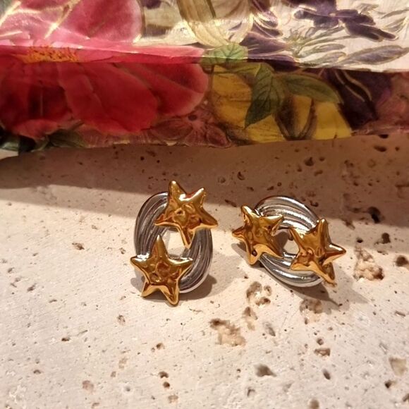 New ANTHRO 18k Gold Ss Silver Star Celestial Earrings - Picture 2 of 7